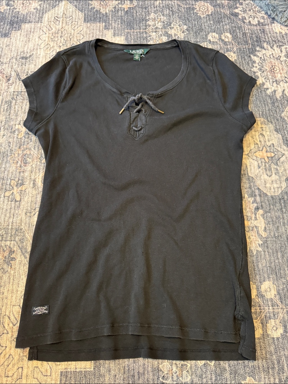 Lauren Ralph Lauren Black Short Sleeve Lace-Up Neck Tee
